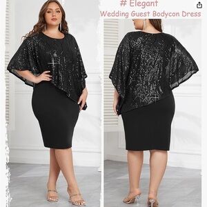 Hanna Nikole Black Sleeveless Cape Sequin Overlay Bodycon Pencil Dress Size 16W